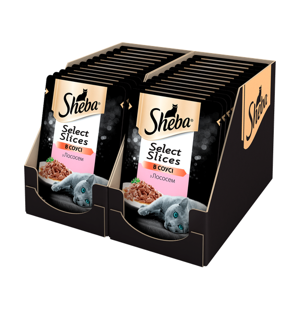 Упаковка влажного корма для кошек Sheba Корм Selection Slices с лососем в соусе 24 шт. * 85 г - Фото 1 Упаковка влажного корма для кошек Sheba Корм Selection Slices с лососем в соусе 24 шт. * 85 г - изображение 1