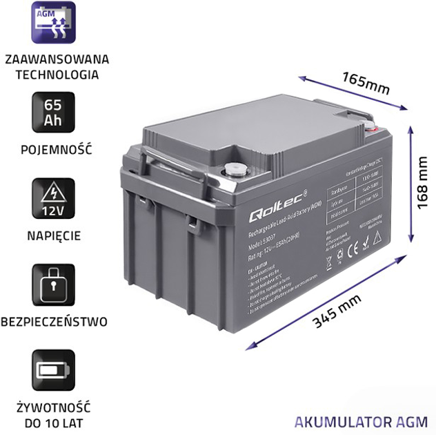 Akumulator Qoltec AGM 12V-65Ah 780A (5901878530376) - obraz 3