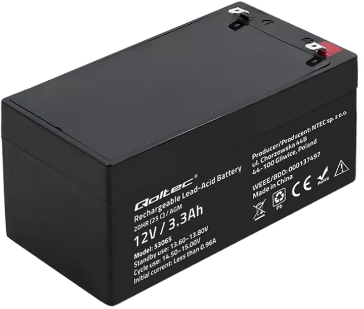 Акумуляторна батарея Qoltec AGM 12V-3.3Ah 49.5A (5901878530659) - зображення 1