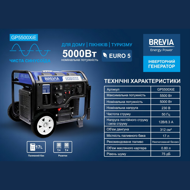 Генератор инверторный для дома 5кВт BREVIA бензиновый с системой AVR ...