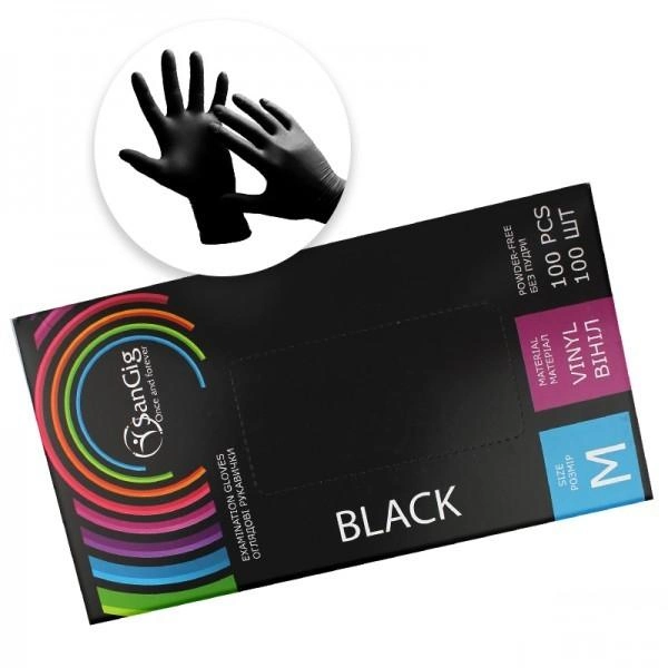Перчатки виниловые SanGig упаковка 50 пар размер M без пудры плотность 4.7 г черные (2100994250851) - изображение 1