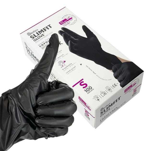 Одноразовые перчатки Slimfit,TPE, черный, S, 100 шт Reflex - изображение 1