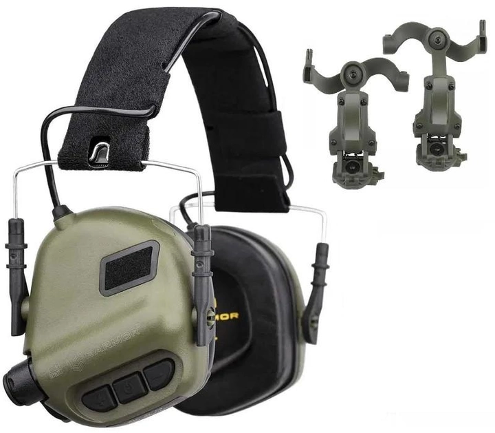 Тактичні навушники Earmor М31 + кріплення на шолом OPS Core чебурашка Оливковий (900891) Kali - зображення 1