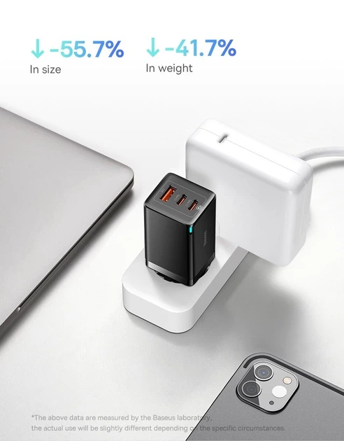 65w швидка зарядка Baseus GaN5 Pro Fast Charger QC4.0+PD3.0 USB+2Type-C + кабель Type-C to Type-C 100W 20V/5A 1м. Зарядний пристрій чорний. - Фото 13 65w швидка зарядка Baseus GaN5 Pro Fast Charger QC4.0+PD3.0 USB+2Type-C + кабель Type-C to Type-C 100W 20V/5A 1м. Зарядний пристрій чорний. - зображення 13