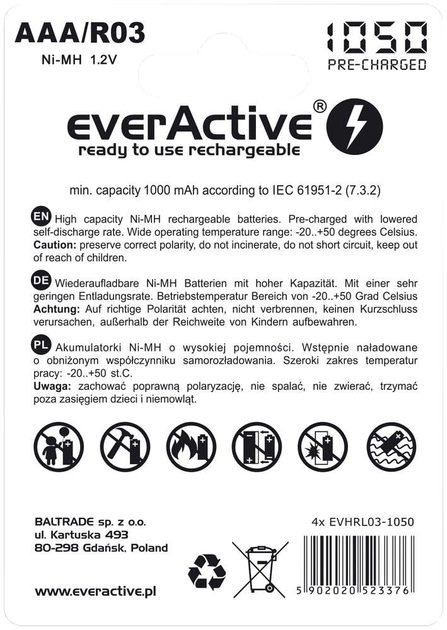 Akumulatory paluszki everActive R03/AAA 1050 mAH blister 4 szt. (EVHRL03-1050) - obraz 2