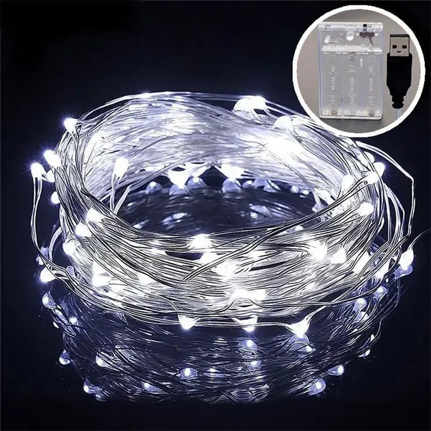 Гирлянда на батарейках и USB LedGO Роса, 10 м, 100LED, серебряный ...
