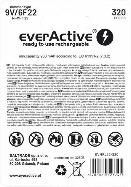 Akumulator everActive 6F22/9V Ni-MH 320 mAh 1 szt. Ready-to-use (EVHRL22-320) - obraz 2
