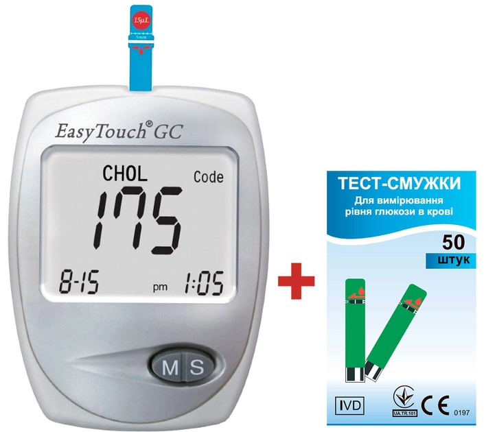 Глюкометр з функцією вимірювання холестерину в крові EasyTouch GC (ЕТ-202) + Тестові смужки для глюкометра EasyTouch 50 шт (4767) - зображення 1