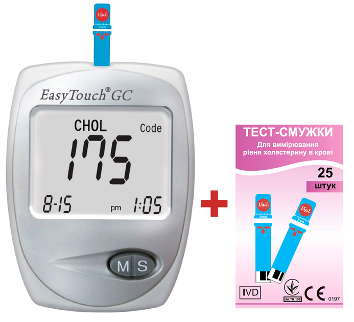 Глюкометр с функцией измерения холестерина в крови EasyTouch GC (ЕТ-202) + Тестовые полоски EasyTouch для измерения уровня холестерина в крови 25 шт (4768) - изображение 1
