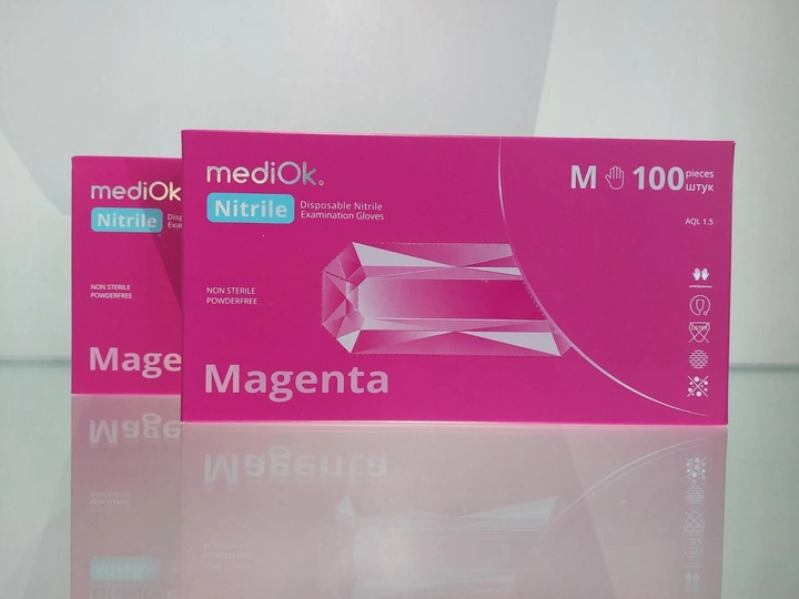 Рукавички нітрилові оглядові, нестерильні, MedіOK. MAGENTA, без пудри, колір яскраво рожевий, розмір М - зображення 1