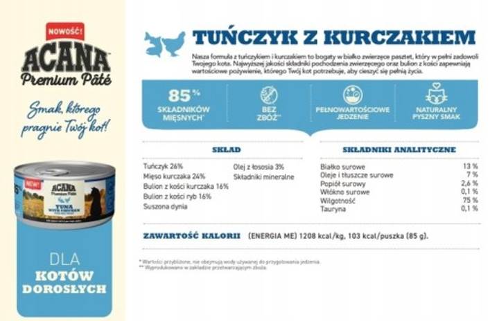 Mokra karma ACANA Premium PATE TUNA and CHICKEN dla kotów wszystkich ras 85 g (0064992719807) - obraz 2