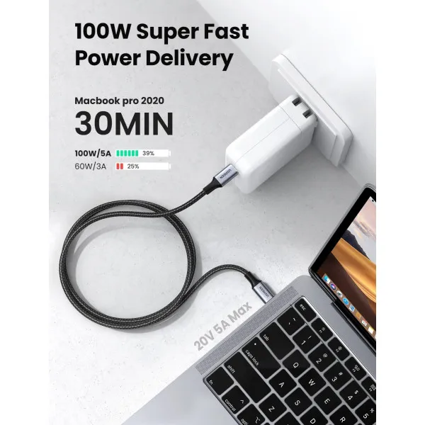 Кабель UGREEN US316 USB-C to USB-C 2.0 Cable 100W Alu Case with Braid 1.5m (Space Gray) (UGR-70428) (UGR-70428) - изображение 4