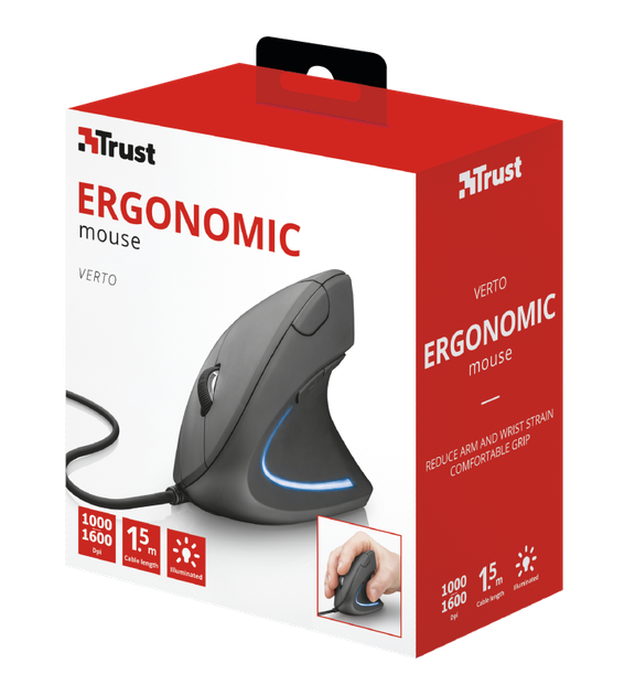 Миша Trust Verto Ergonomic, Black, USB, оптична, 1000/1600 dpi, в ергономічному вертикальному виконанні, 6 кнопок, світлодіодне блакитне підсвічування, 1.5 м (22885) - Фото 5 Миша Trust Verto Ergonomic, Black, USB, оптична, 1000/1600 dpi, в ергономічному вертикальному виконанні, 6 кнопок, світлодіодне блакитне підсвічування, 1.5 м (22885) - зображення 5