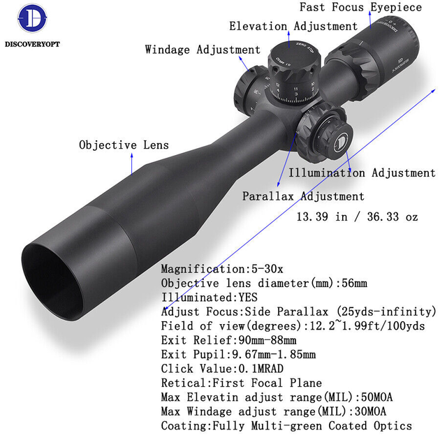Приціл Discovery Optics HD 5-30X56SFIR SLT FFP IR-MIL 34 мм - зображення 2
