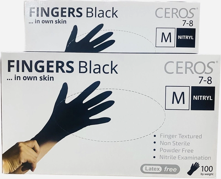Нітрилові рукавички CEROS Fingers Black Розмір M 100шт/уп. Чорні - изображение 1