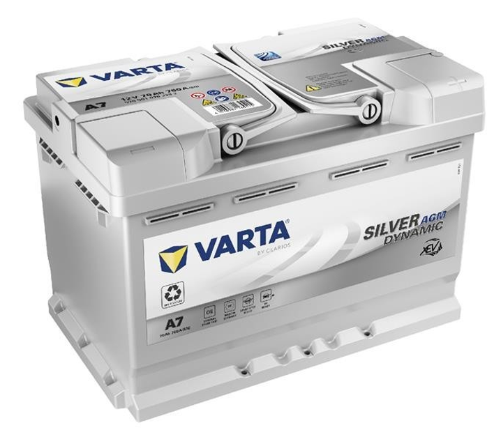 VARTA SILVER DYNAMIC AGM 70Ah, EN 760, правий "+" 278x175x190 (ДхШхВ) START-STOP | 6СТ-70 АзЕ5709010761 PEUGEOT ; FIAT; FORD; GENERAL ; MAZDA ; MERCEDE; MITSUBISHI ; NISSAN ; SUBARU ; SUZUKI ; TOYOTA ; VOLVO ; VW - изображение 1