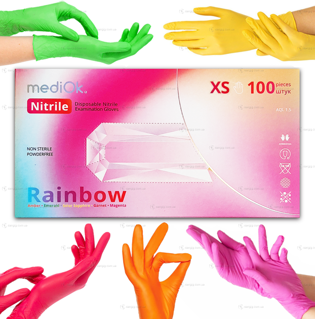 Рукавички нітрилові MediOk, щільність 3.8 г. - різнокольорові Rainbow (100 шт) XS (5-6) - зображення 1