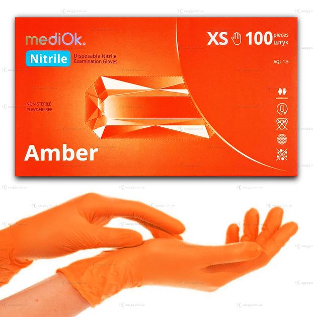 Рукавички нітрилові MediOk, щільність 3.8 г. - помаранчеві Amber (100 шт) XS (5-6) - зображення 1