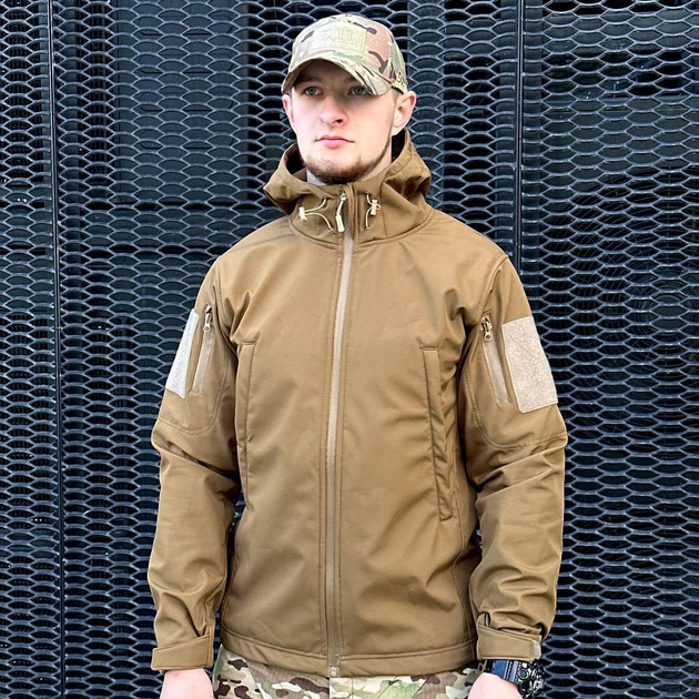 Демисезонная мужская Куртка Softshell на флисе с Капюшоном и Липучками под шевроны койот размер XXL - изображение 1