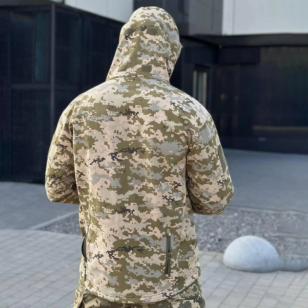 Зимняя мужская Куртка Softshell на флисе с Капюшоном и Липучками под шевроны пиксель размер M - изображение 2