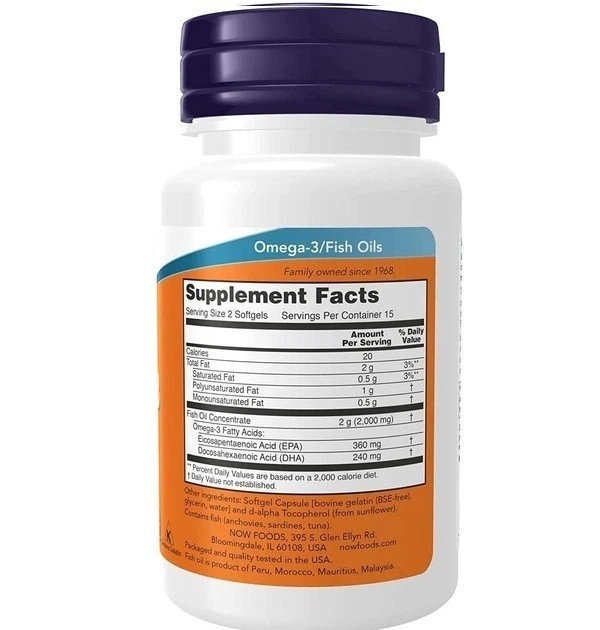 Омега3 риб'ячий жир, Omega3, Now Foods, 30 капсул (NOW01649) фото