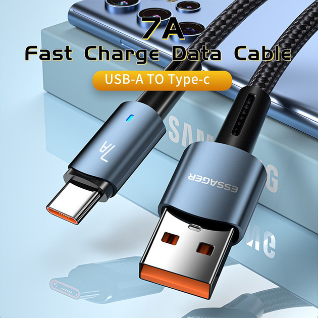 Зарядний кабель ESSAGER Sunset чорний USB Type-C 7A 1метр - Фото 2 Зарядний кабель ESSAGER Sunset чорний USB Type-C 7A 1метр - зображення 2