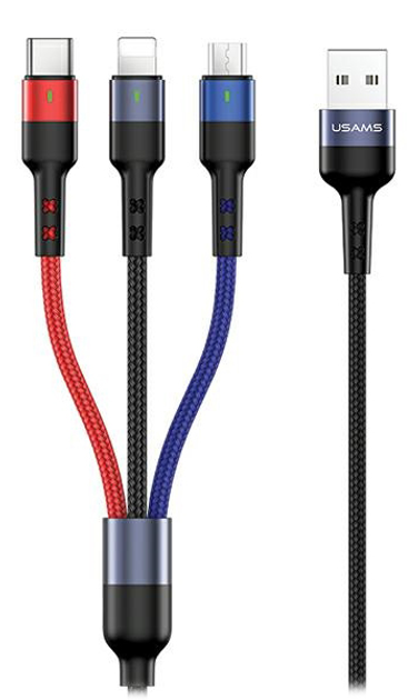 Kabel pleciony Usams 3 w 1 USB - USB Type-C + Micro-USB + Lightning szybkie ładowanie 3 m (6958444984322) - obraz 1