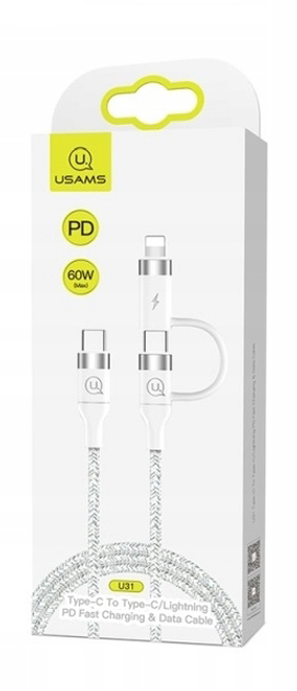 Kabel pleciony Usams USB Type-C - USB Type-C + Lightning szybkie ładowanie 1 m biały (6958444984599) - obraz 1