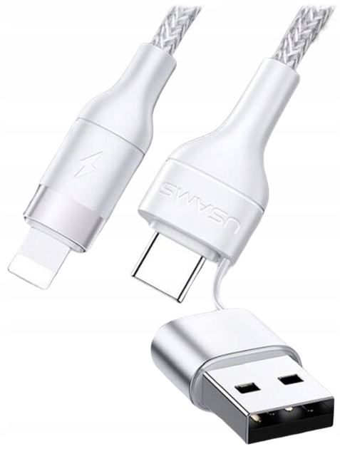Плетений кабель Usams USB + USB Type-C - Lightning швидка зарядка 1.2 м White (6958444984612) - зображення 1