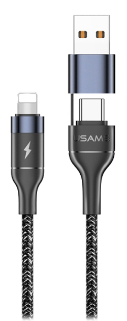Плетений кабель Usams USB + USB Type-C - Lightning швидка зарядка 1.2 м Black (6958444984605) - зображення 1