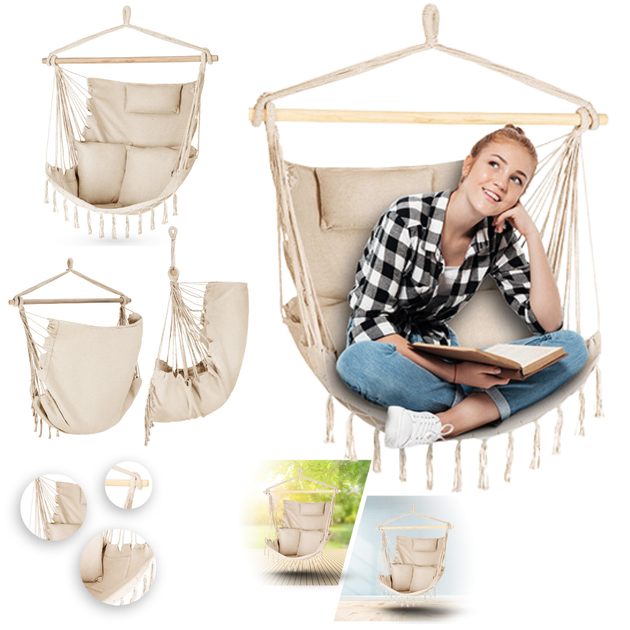 Бразильское кресло-гамак Outtec Boho XXL бежевое подвесное кресло-качалка для сада террасы - Фото 1 Бразильское кресло-гамак Outtec Boho XXL бежевое подвесное кресло-качалка для сада террасы - изображение 1