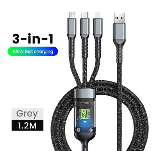Кабель 3-в-1, 100 Вт, 5 А, USB для швидкого заряджання, Чорно-Сірий ...