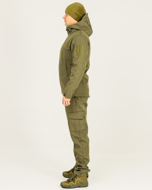 Костюм камуфляжный утепленный на флисе, куртка с капюшоном, ткань софтшелл, цвет олива, 48 - изображение 2