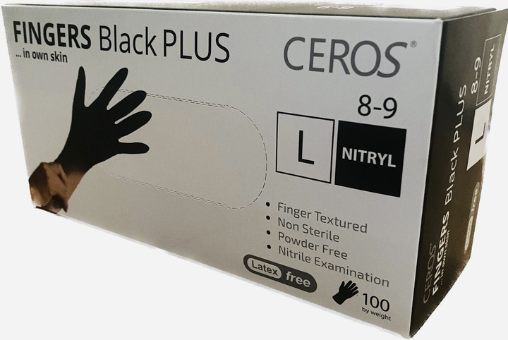 Нітрилові рукавички CEROS Fingers BLACK PLUS 5.5 грам 100 штук розмір L - зображення 1