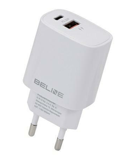 Мережевий зарядний пристрій Beline 20 W USB Type-C + USB-A PD 3.0 + QC 3.0 White (5905359813316) - зображення 1