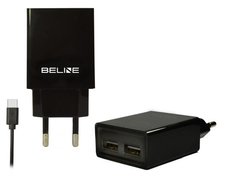 Мережевий зарядний пристрій Beline 2 x USB + USB Type-C 2 A Black (5900168331266) - зображення 1