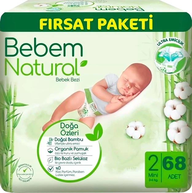 Підгузки Bebem Natural 2 Mini 3-6 кг 68 шт (8690536831944) - Фото 1 Підгузки Bebem Natural 2 Mini 3-6 кг 68 шт (8690536831944) - зображення 1