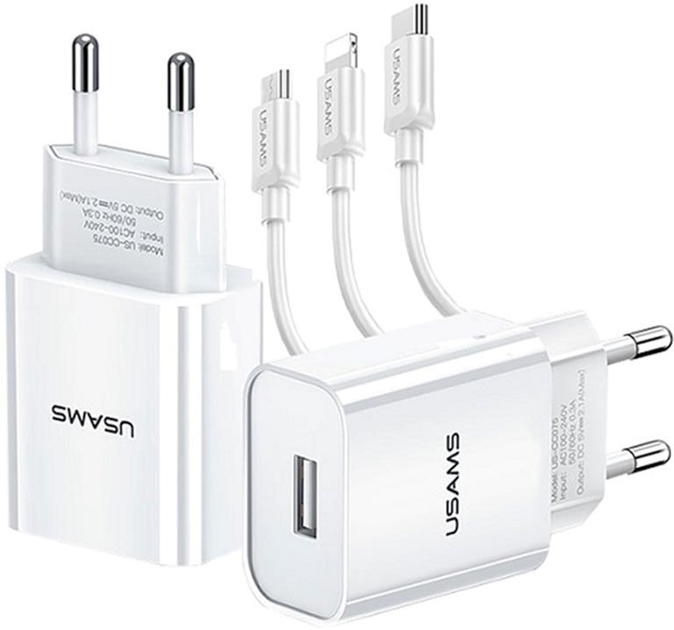 Ładowarka sieciowa Usams T18 USB 2.1 A Fast Charging biała + kabel 3w1 USB - Lightning/microUSB/USB-C 1 m biały (6958444980959) - obraz 1