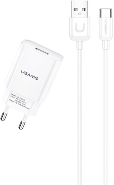 Ładowarka sieciowa Usams T21 USB 2.1 A Fast Charging biała + kabel USB - USB-C 1 m biały (6958444969930) - obraz 1