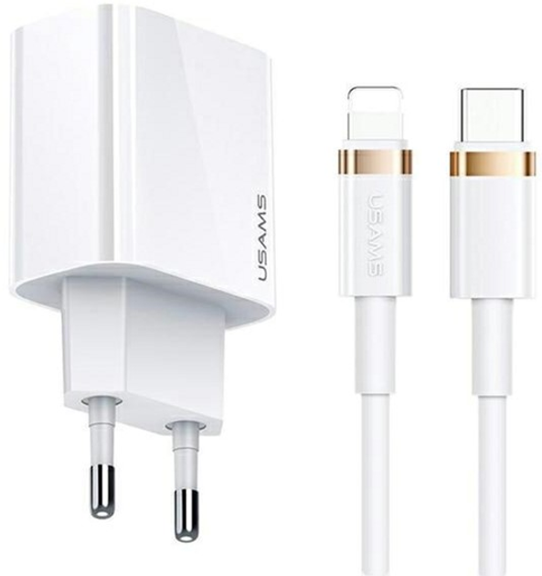 Мережевий зарядний пристрій Usams US-CC118 T34 USB-C 20W PD 3.0 Fast Charging White + кабель Type-C - Lightning U63 1.2 м White (6958444900698) - зображення 1