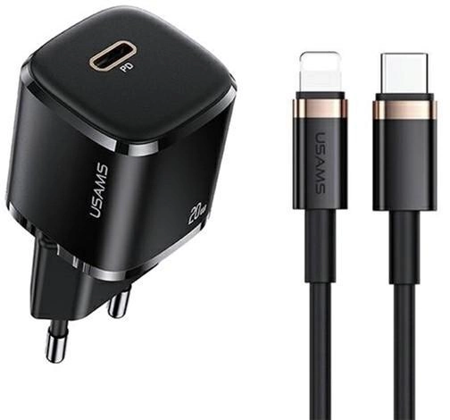Мережевий зарядний пристрій Usams US-CC124 T36 USB-C mini 20W PD 3.0 Fast Charging Black + кабель USB-C - Lightning Black (6958444945507) - зображення 1