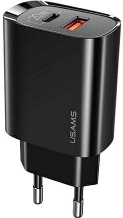 Мережевий зарядний пристрій Usams US-CC121 T35 USB-C+USB 20W PD 3.0 QC3.0 Fast Charging Black (6958444929330) - зображення 1