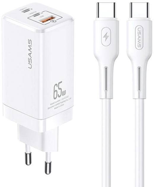 Ładowarka sieciowa Usams T33 2xUSB-C+USB 65W GaN PD Fast Charging biała + kabel USB-C - USB-C 30W biały (6958444927367) - obraz 1