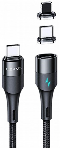 Кабель магнітний Usams U66 Fast Charge PD USB Type-C - USB Type-C / USB Type-C - Lightning 60 W 2 м плетений Black (6958444973203) - зображення 1