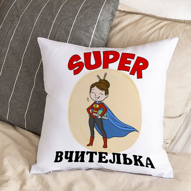 Біла подушка з плюшевою наволочкою та написом "Супер вчителька" (30х30 ...