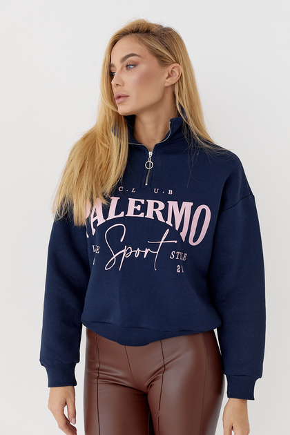 Утепленный свитшот с молнией на горловине и надписью Palermo цвет темно ...