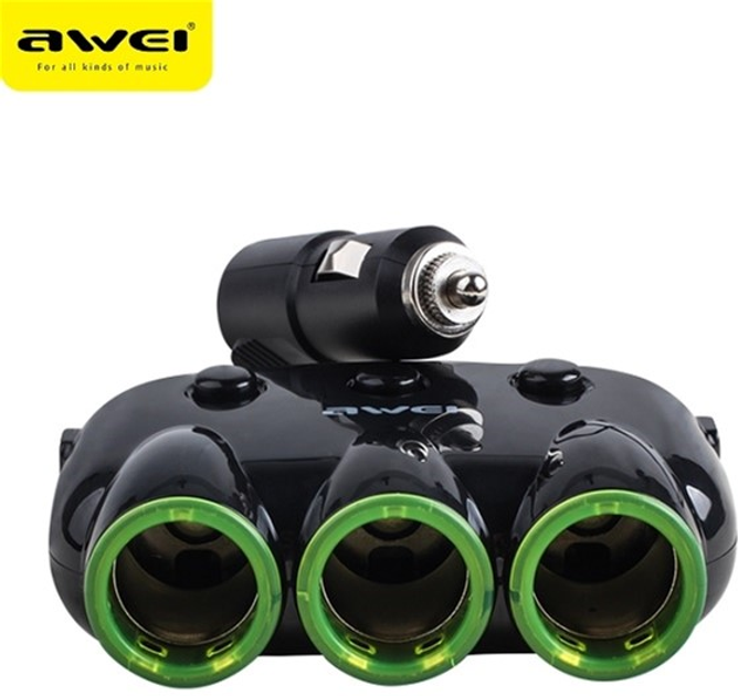 Rozgałęźnik samochodowy Awei 3 gniazda zapalniczki 12V + 2 USB Black (6954284045353) - obraz 1
