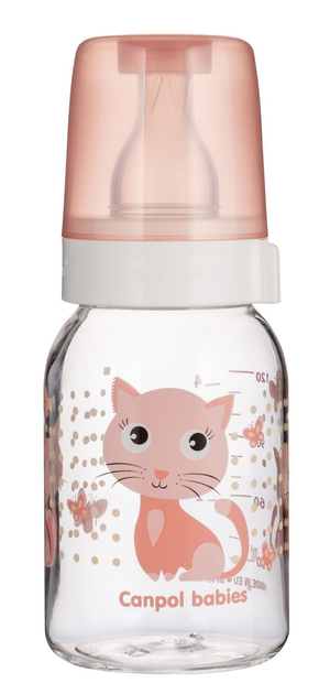Пляшка з вузьким отвором 120 мл з малюнком і ручкою BPA FREE колекція Веселі звірята Canpol Babies Рожева (5903407118512) - зображення 1