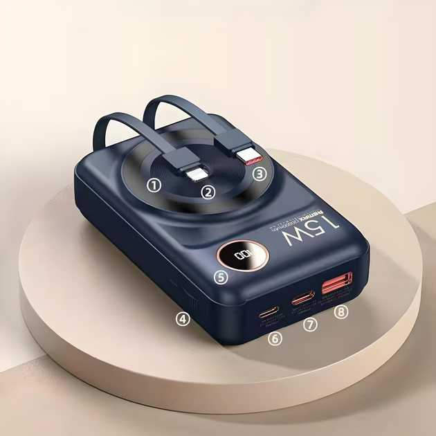 Портативний магнітний повербанк із вбудованими кабелями, Remax RPP-519, Power Bank MagSafe, 20000mAh, (blue) - зображення 2