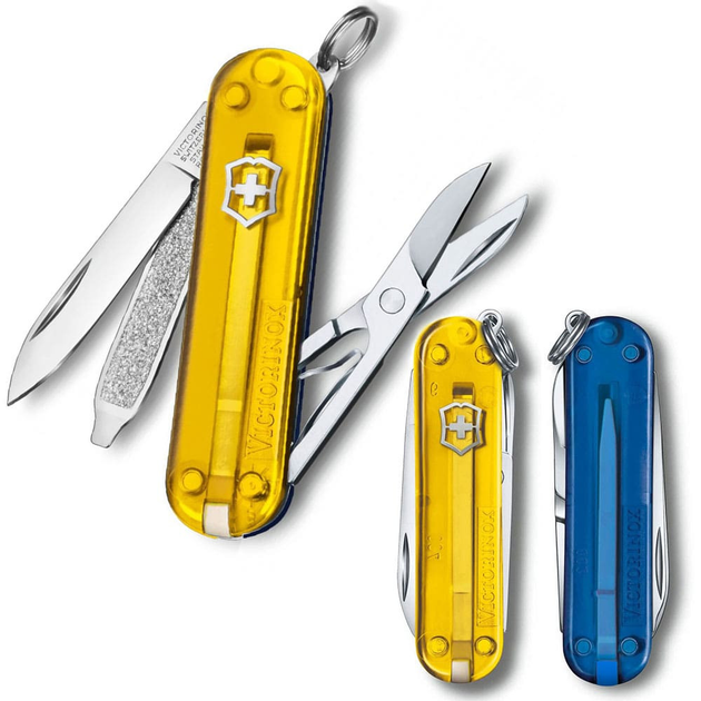 Швейцарський ніж Victorinox CLASSIC SD UKRAINE 58мм/7 функцій, жовто-сині напівпрозорі накладки - зображення 1